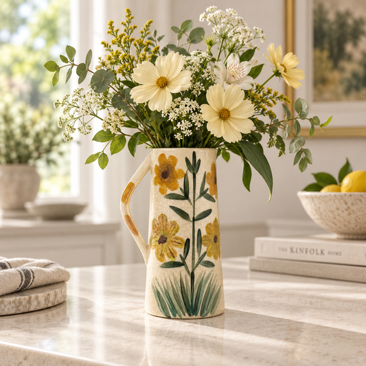 Handmade Tall Floral Ceramic Jug Vase 23cm
