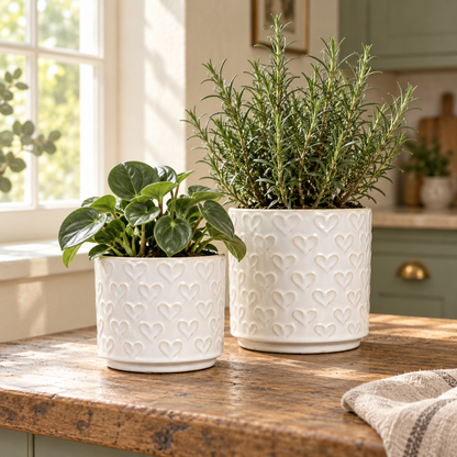 Embossed Heart Ceramic Planter – Small or Medium