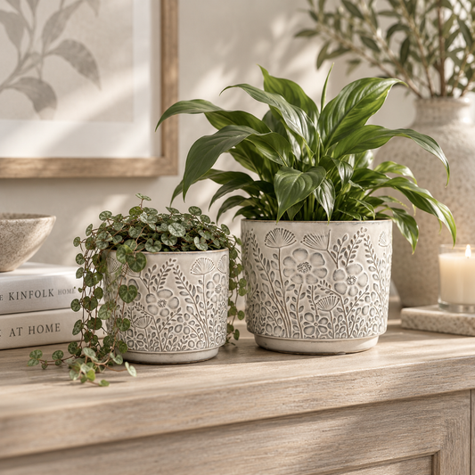 Floral Ceramic Flower Pot with Blackened Glaze