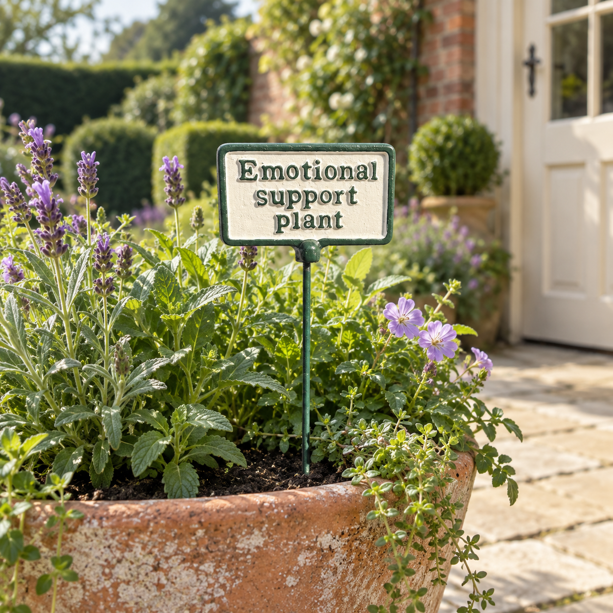 A small rectangular garden sign reading “Emotional support plant” on a metal stake, placed in a large terracotta planter filled with green foliage and light purple flowers in a garden setting.