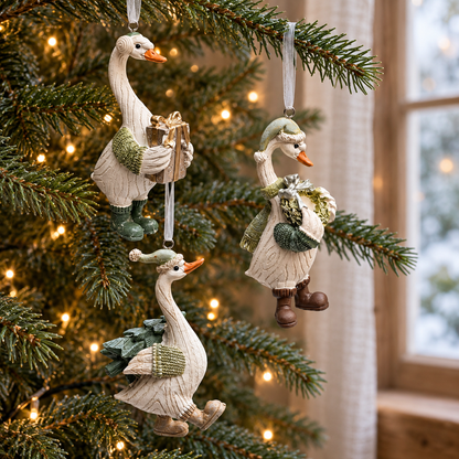 Resin duck Christmas bauble with textured feathers and winter clothing