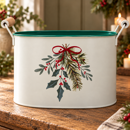 White metal Christmas bucket with holly and berry details