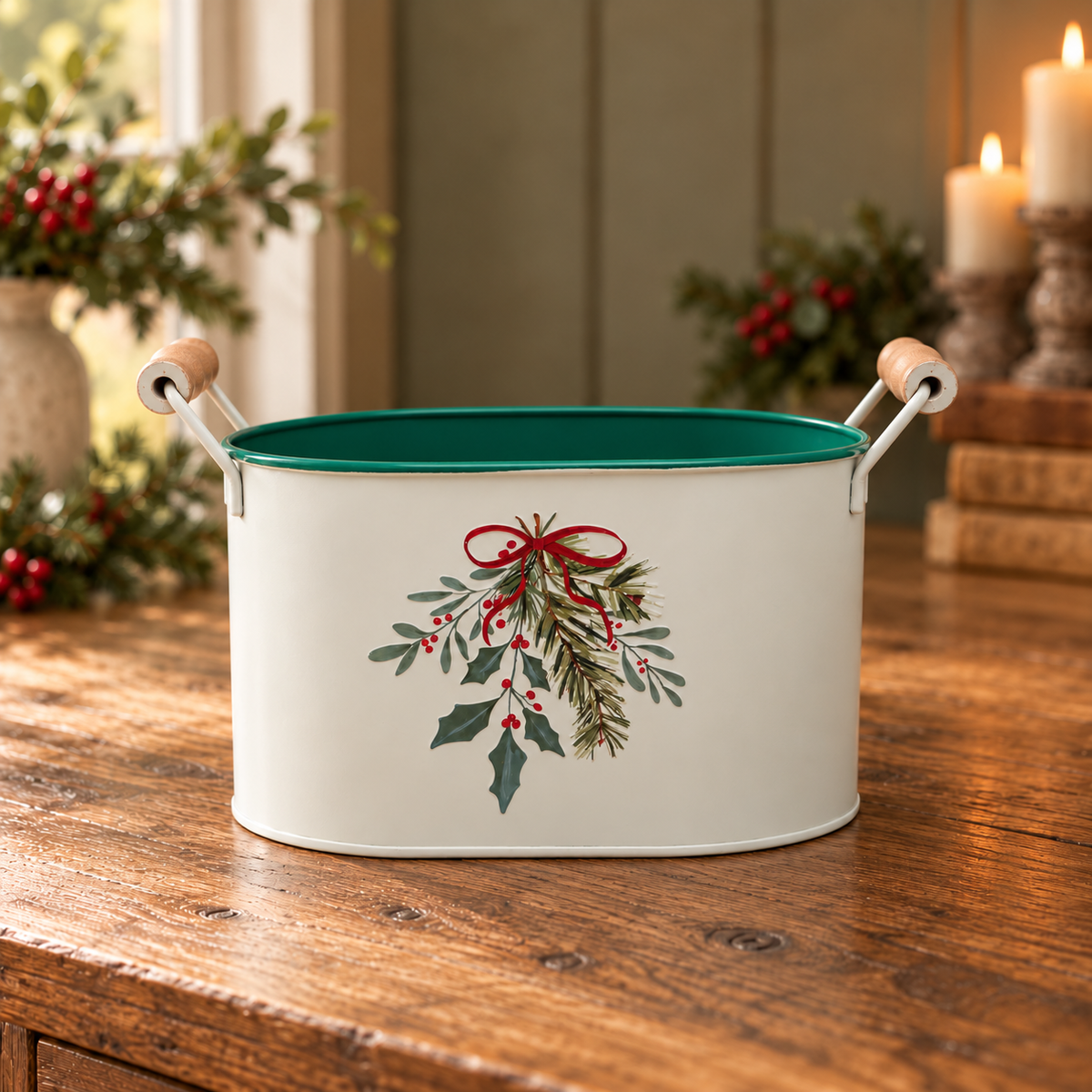 White metal Christmas bucket with holly and berry details