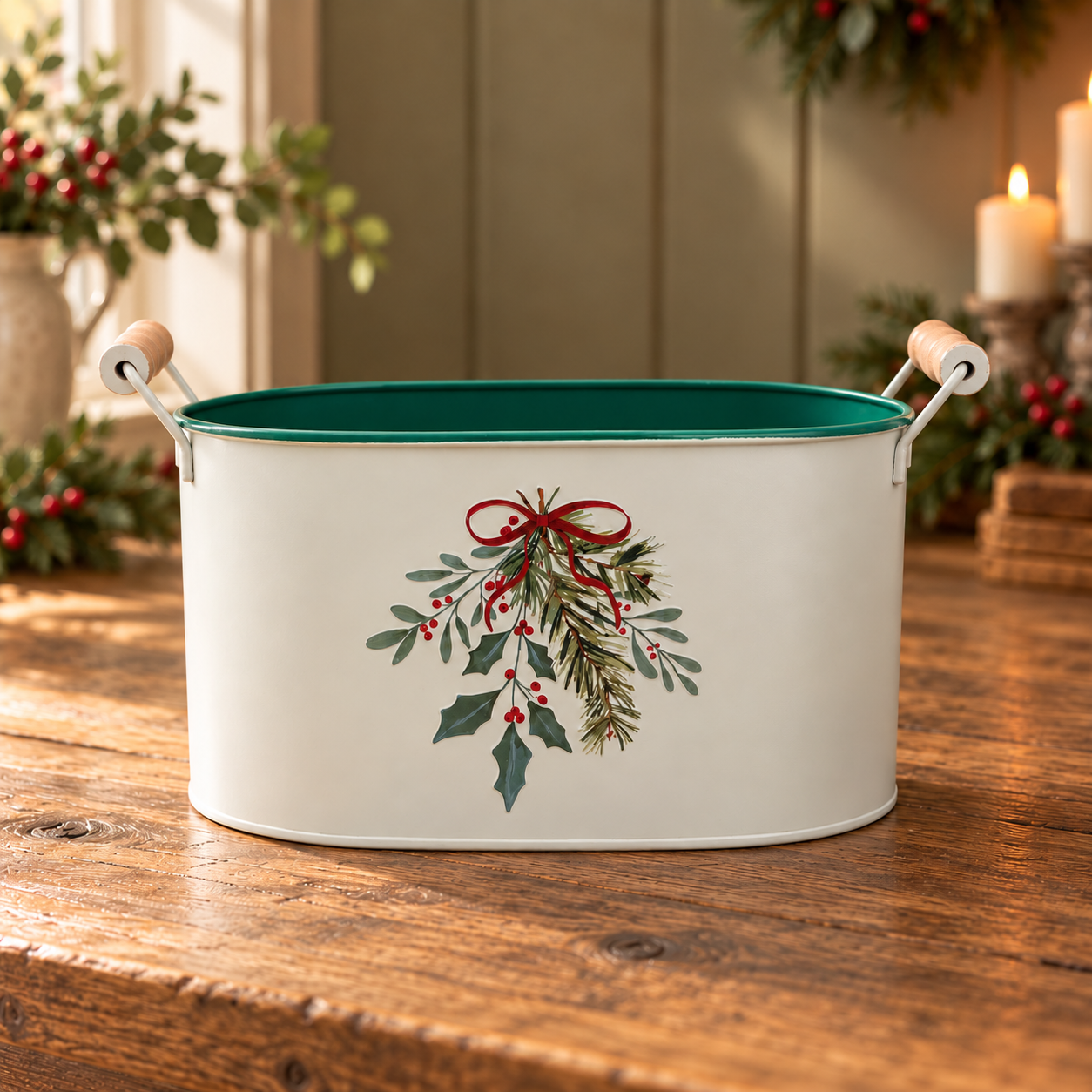 White metal Christmas bucket with holly and berry details