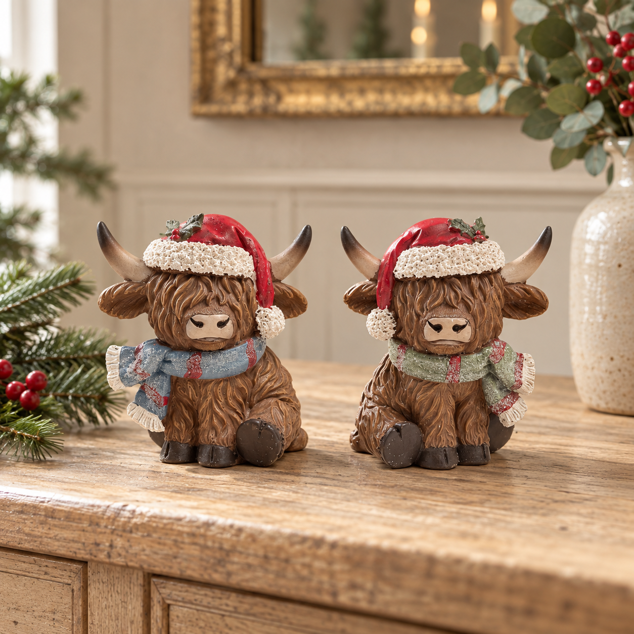 Festive Highland Cow Christmas Ornament with Scarf – 10.5cm