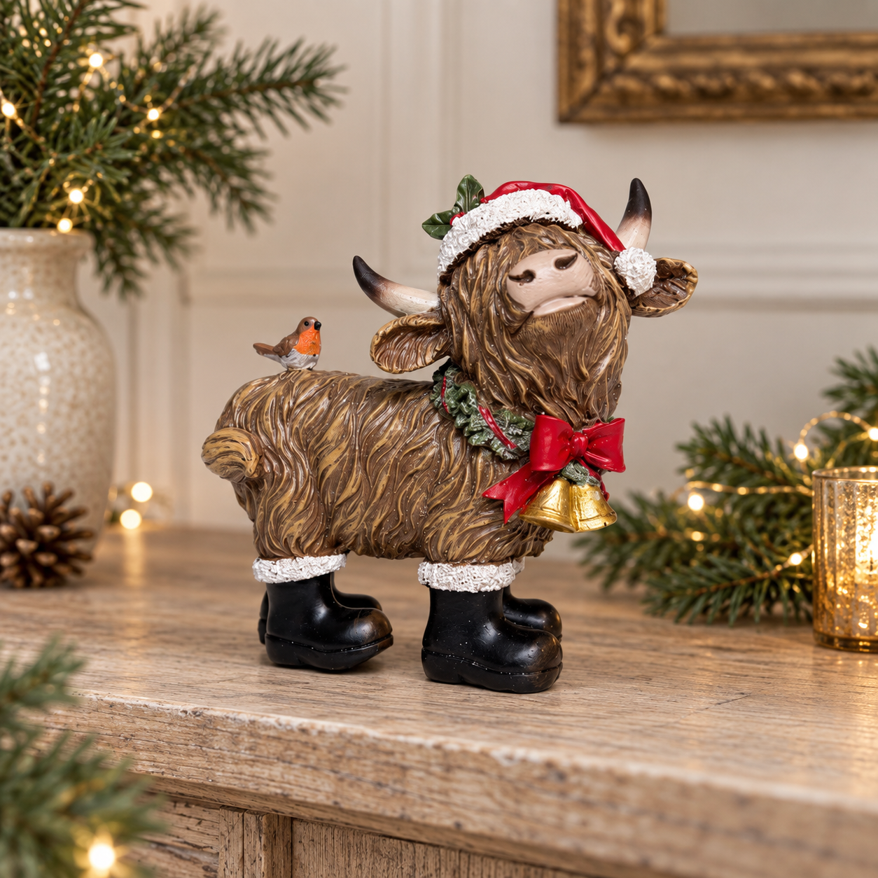 Festive Highland Cow Ornament with Robin and Bells – 14cm