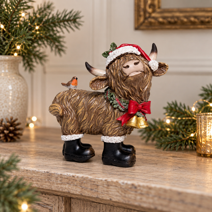 Festive Highland Cow Ornament with Robin and Bells – 14cm