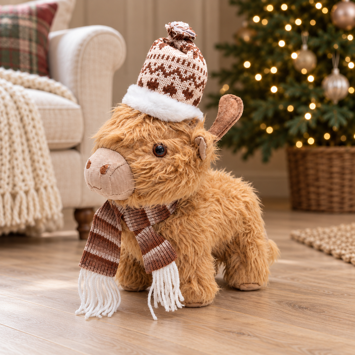 Fluffy Highland Cow with Winter Hat and Scarf – 35cm