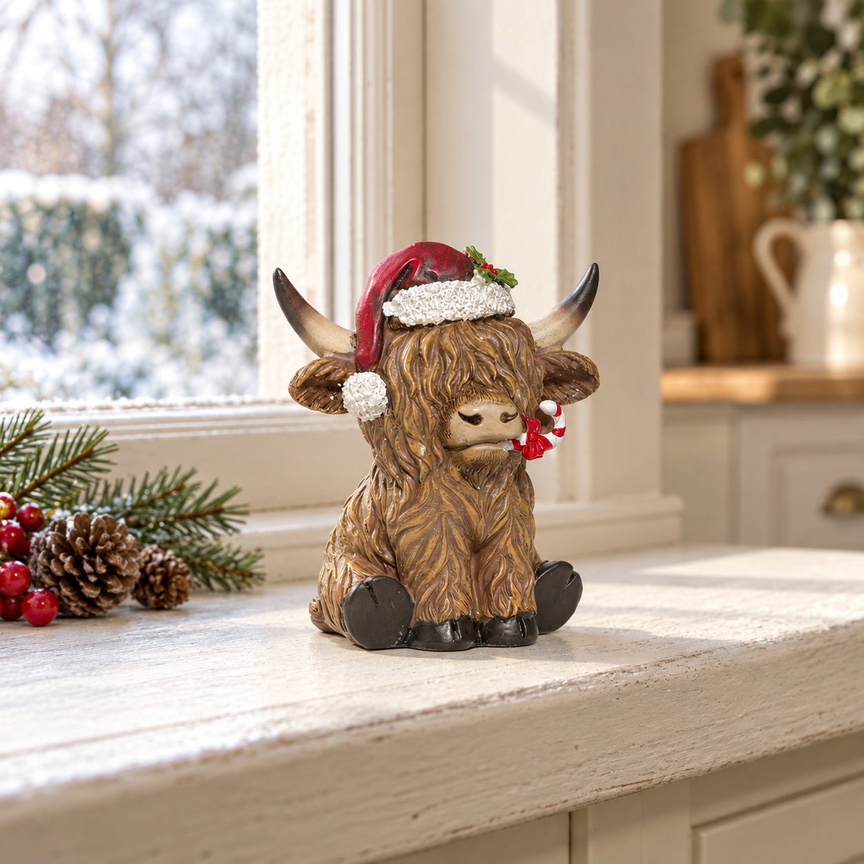 Festive Highland Cow Ornament with Candy Cane – 11cm