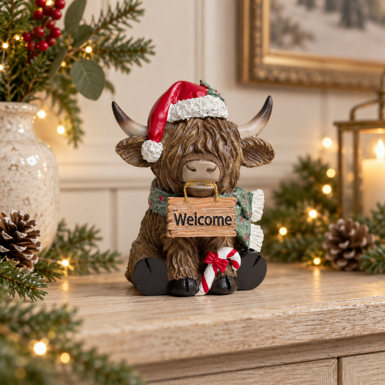 Festive Highland Cow Ornament with Welcome Sign – 14cm