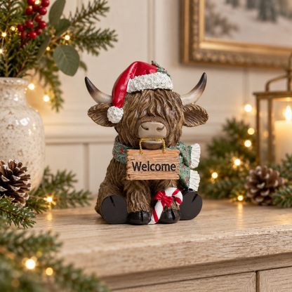Festive Highland Cow Ornament with Welcome Sign – 14cm