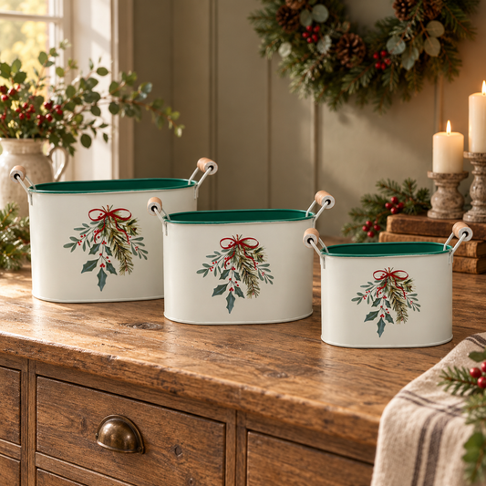 White metal Christmas bucket with holly and berry details