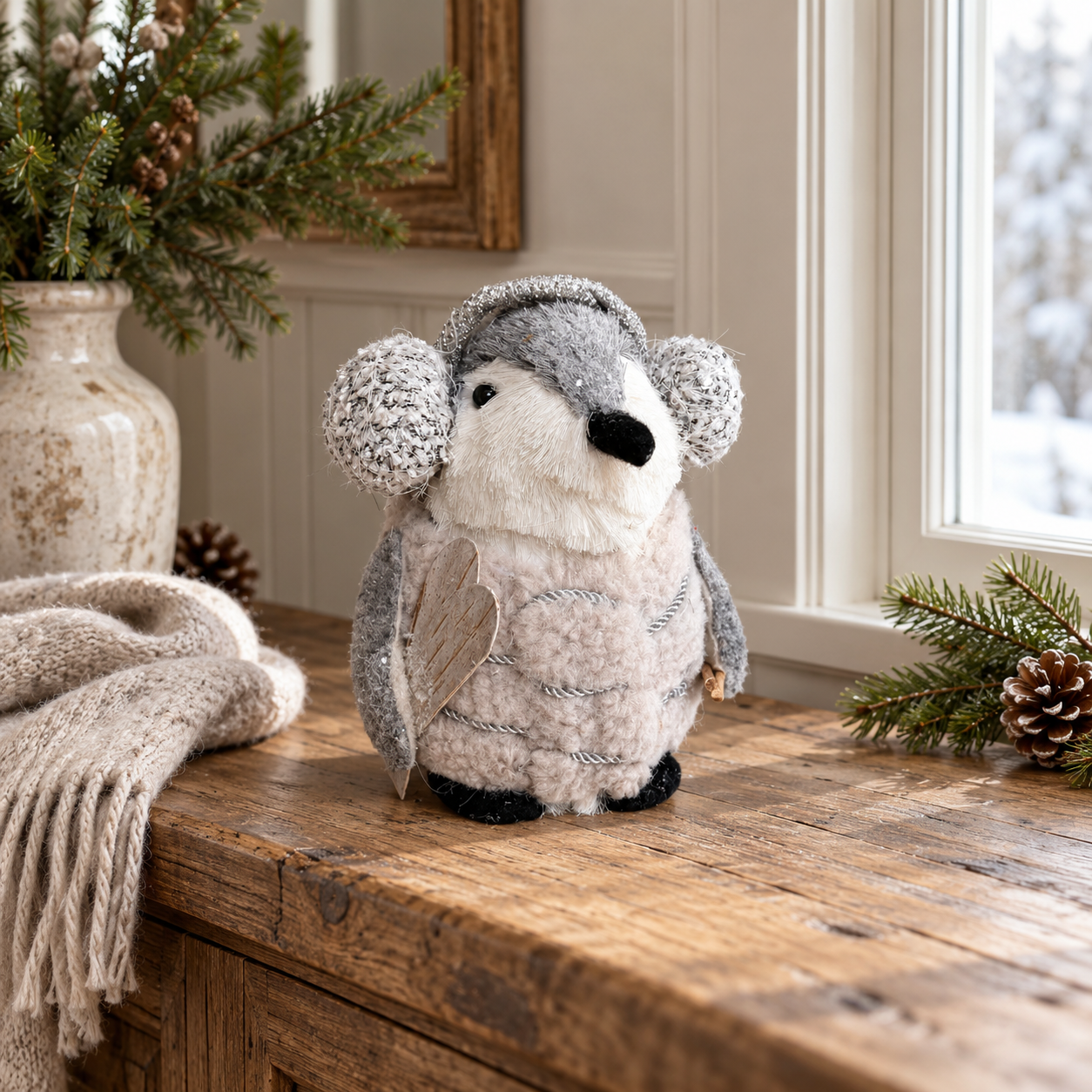 Fluffy Festive Penguin Ornament with Skis and Earmuffs – 17cm