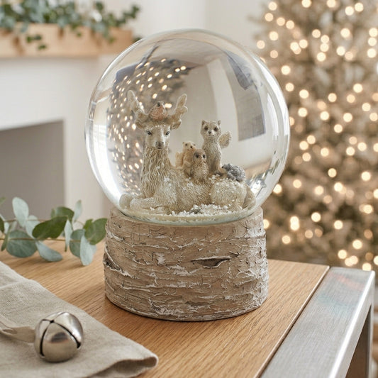 Beige Forest Friends Snow Globe with Bark Base 13.5cm
