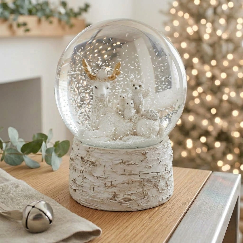 White Forest Friends Snow Globe with Bark Base 13.5cm