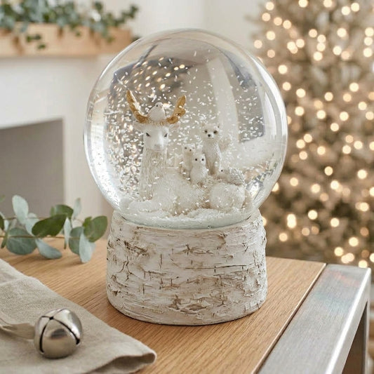 White Forest Friends Snow Globe with Bark Base 13.5cm