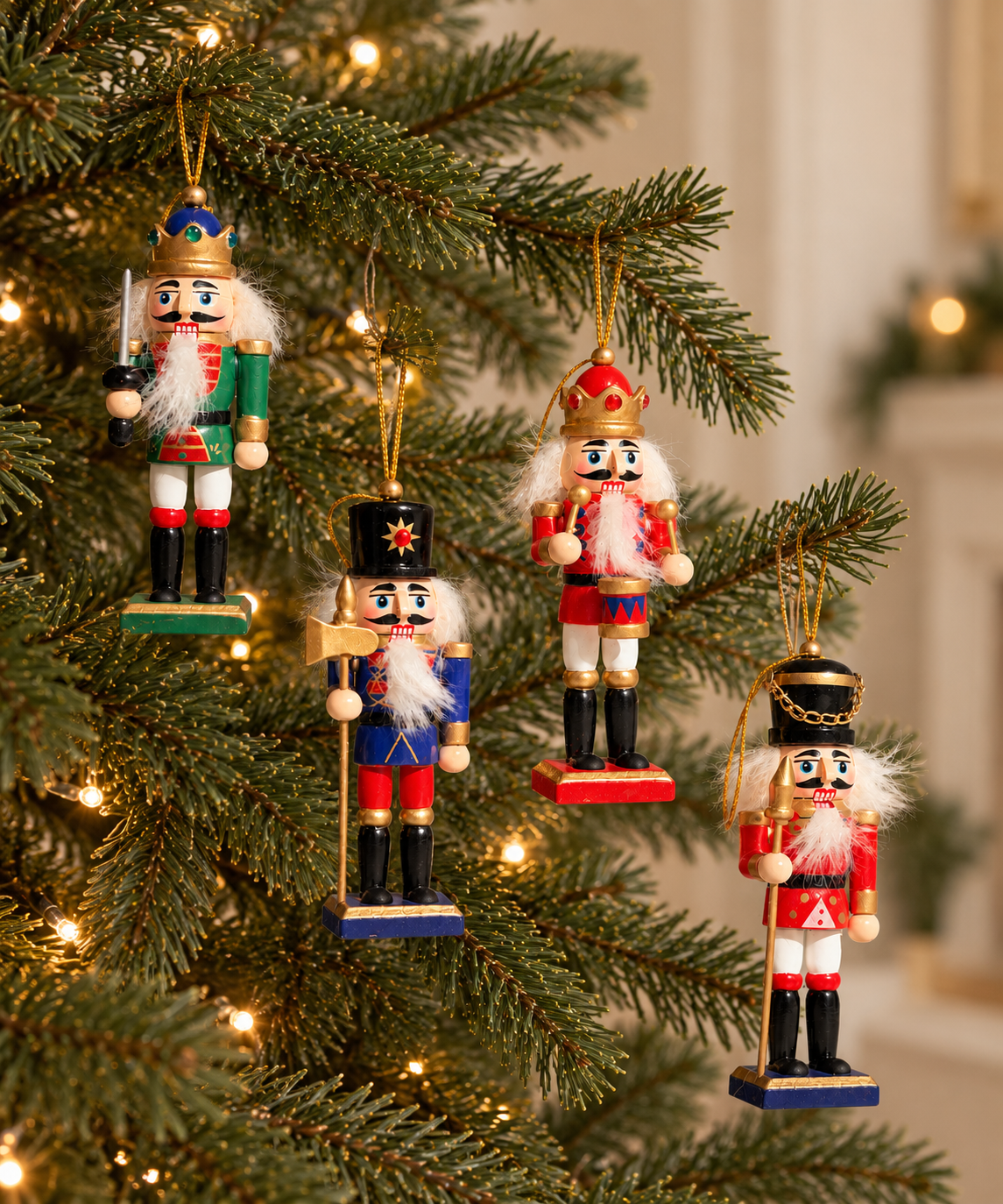 The Crown Guard Collection – Set of 4 Mini Wooden Nutcracker Hanging Ornaments, 13cm