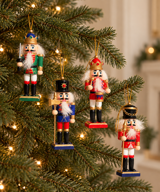 The Crown Guard Collection – Set of 4 Mini Wooden Nutcracker Hanging Ornaments, 13cm