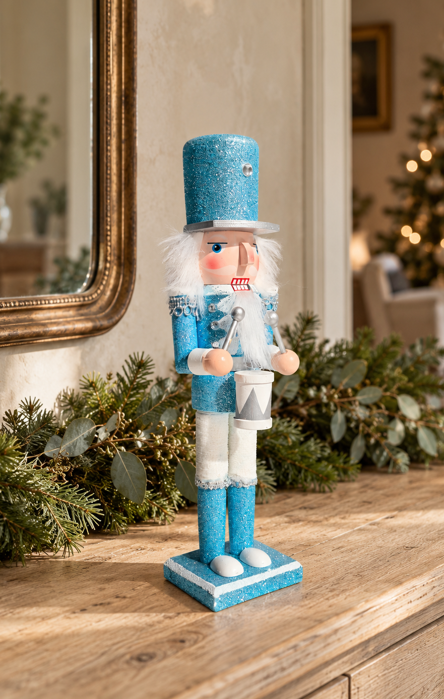 The Frosted Drummer – Handmade Blue and White Wooden Nutcracker, 30cm