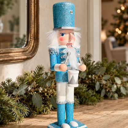 The Frosted Drummer – Handmade Blue and White Wooden Nutcracker, 30cm