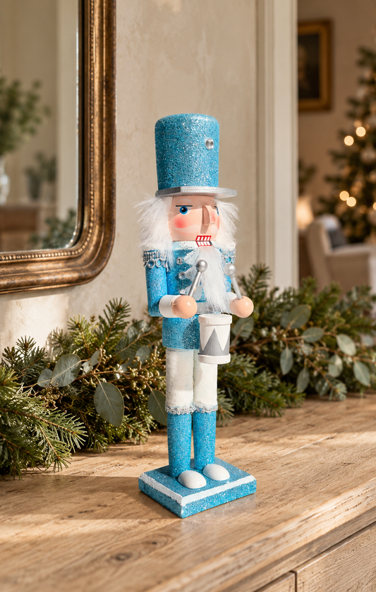 The Frosted Drummer – Handmade Blue and White Wooden Nutcracker, 30cm