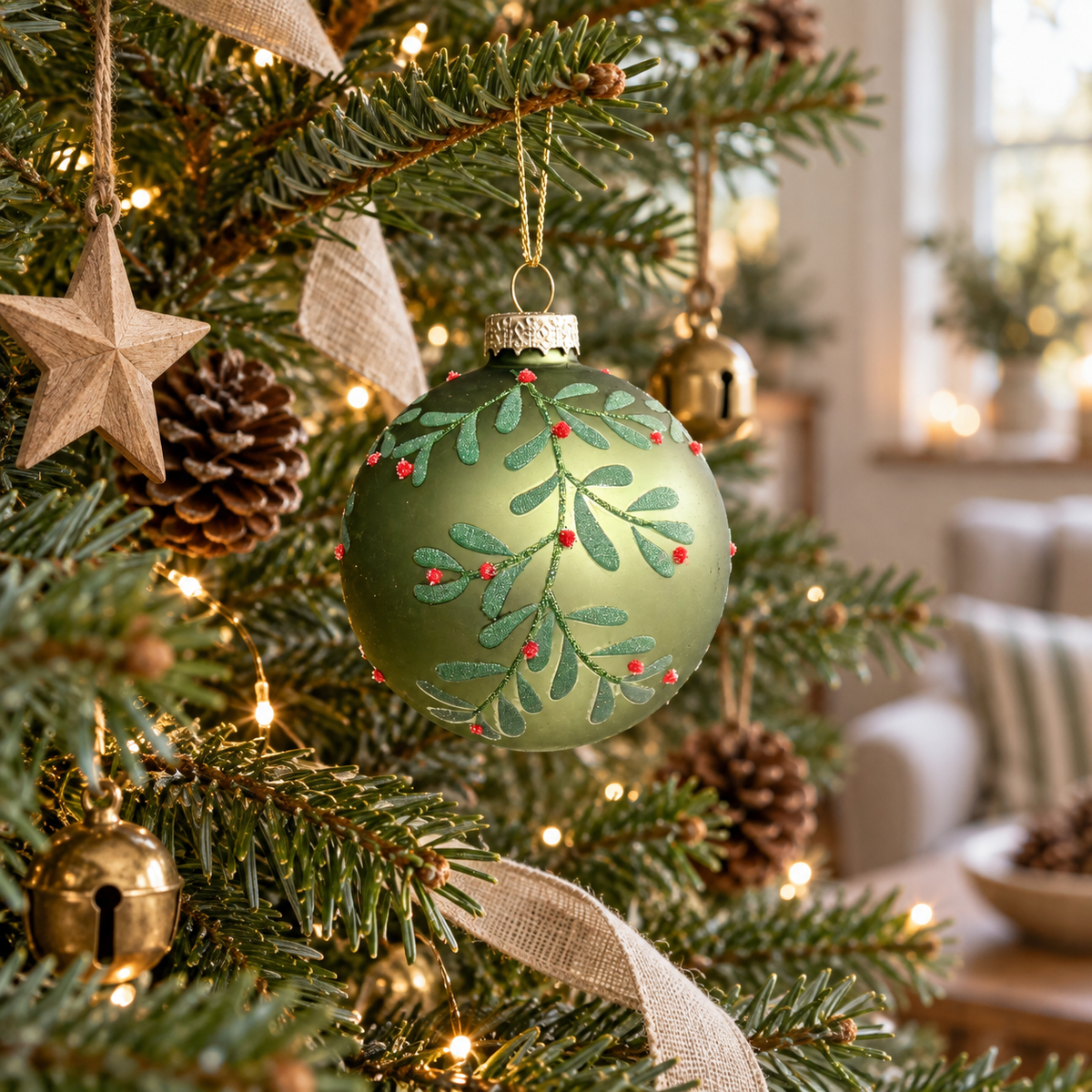 Frosted Green Glass Mistletoe Christmas Bauble – 8cm