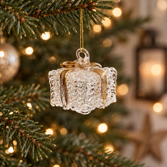 Clear Glass Present Christmas Bauble with Gold Ribbon