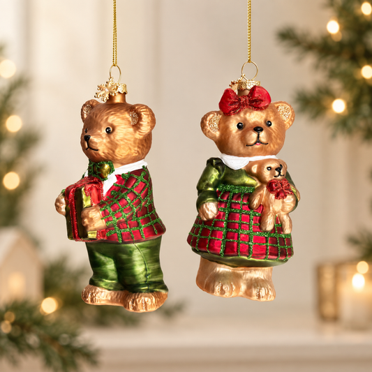 Handmade glass Christmas bear baubles – Present Bear and Bear with Teddy