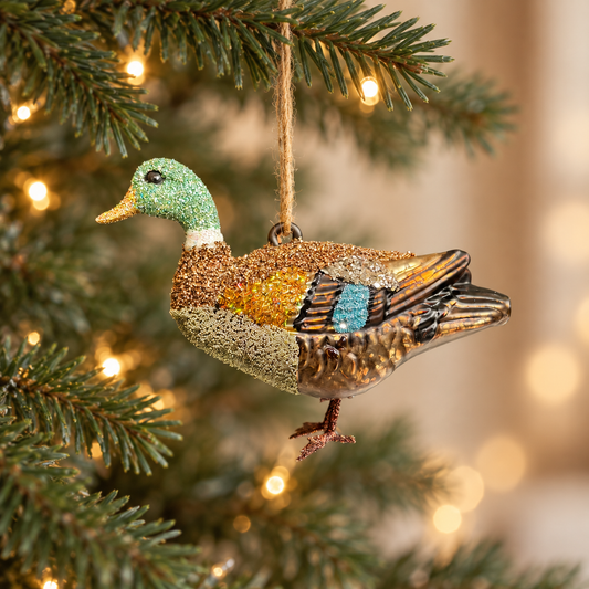Handmade Glittered Glass Mallard Duck Christmas Bauble – 14cm