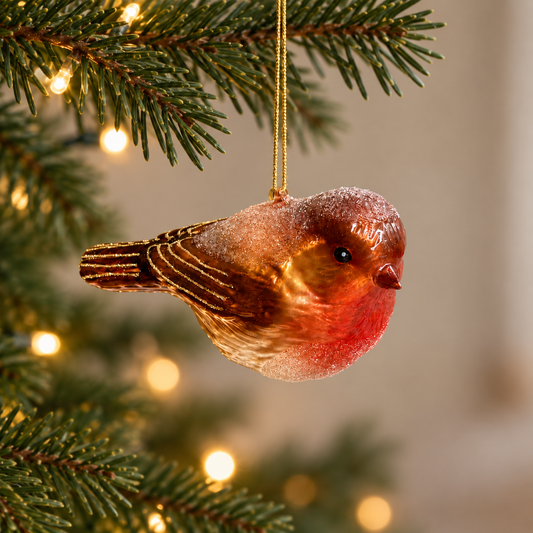 Handmade Glass Robin Christmas Bauble – Red & Gold Ombré