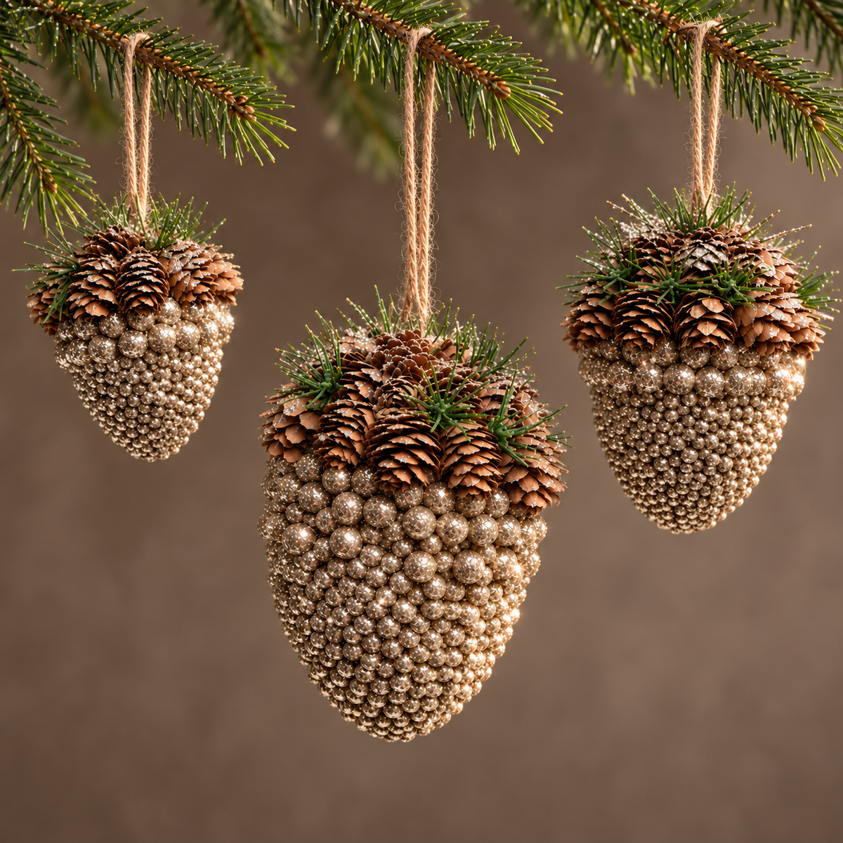 Pinecone acorn Christmas decoration with metallic bauble details and a twine hanging loop, sold individually