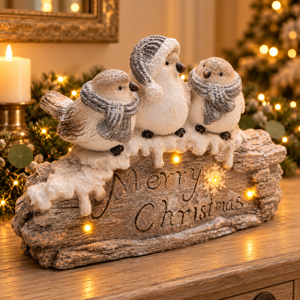 Light-Up Christmas Birds on a Log – 32cm