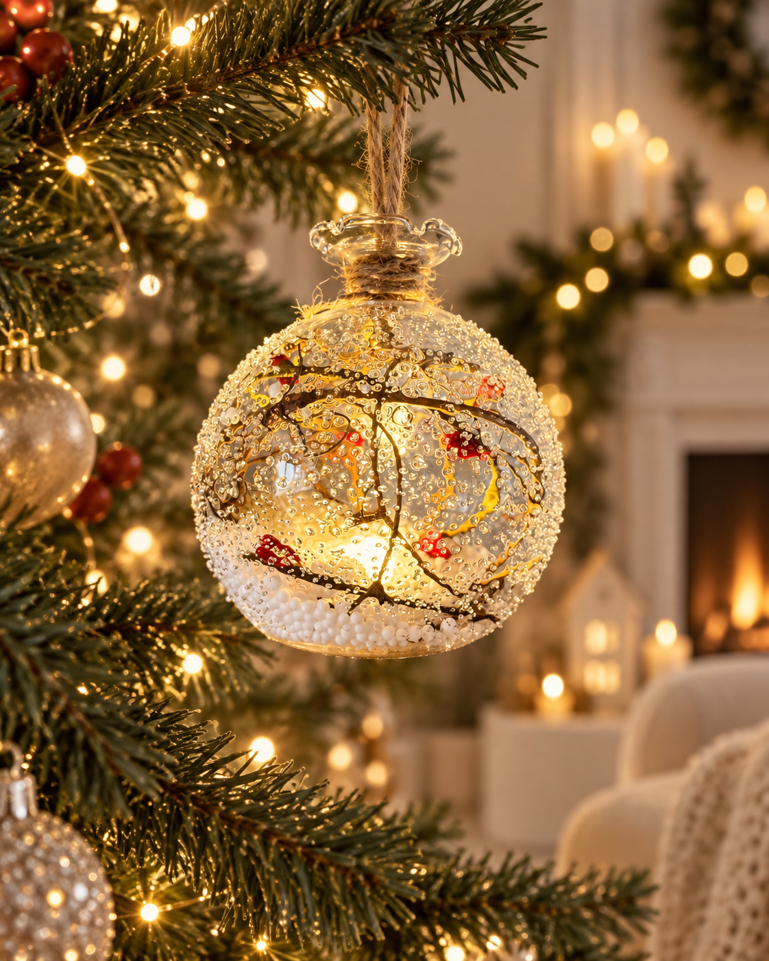 Winterberry Light-Up Snowy Glass Bauble – 10cm