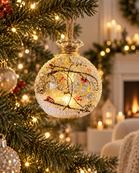 Winterberry Light-Up Snowy Glass Bauble – 10cm