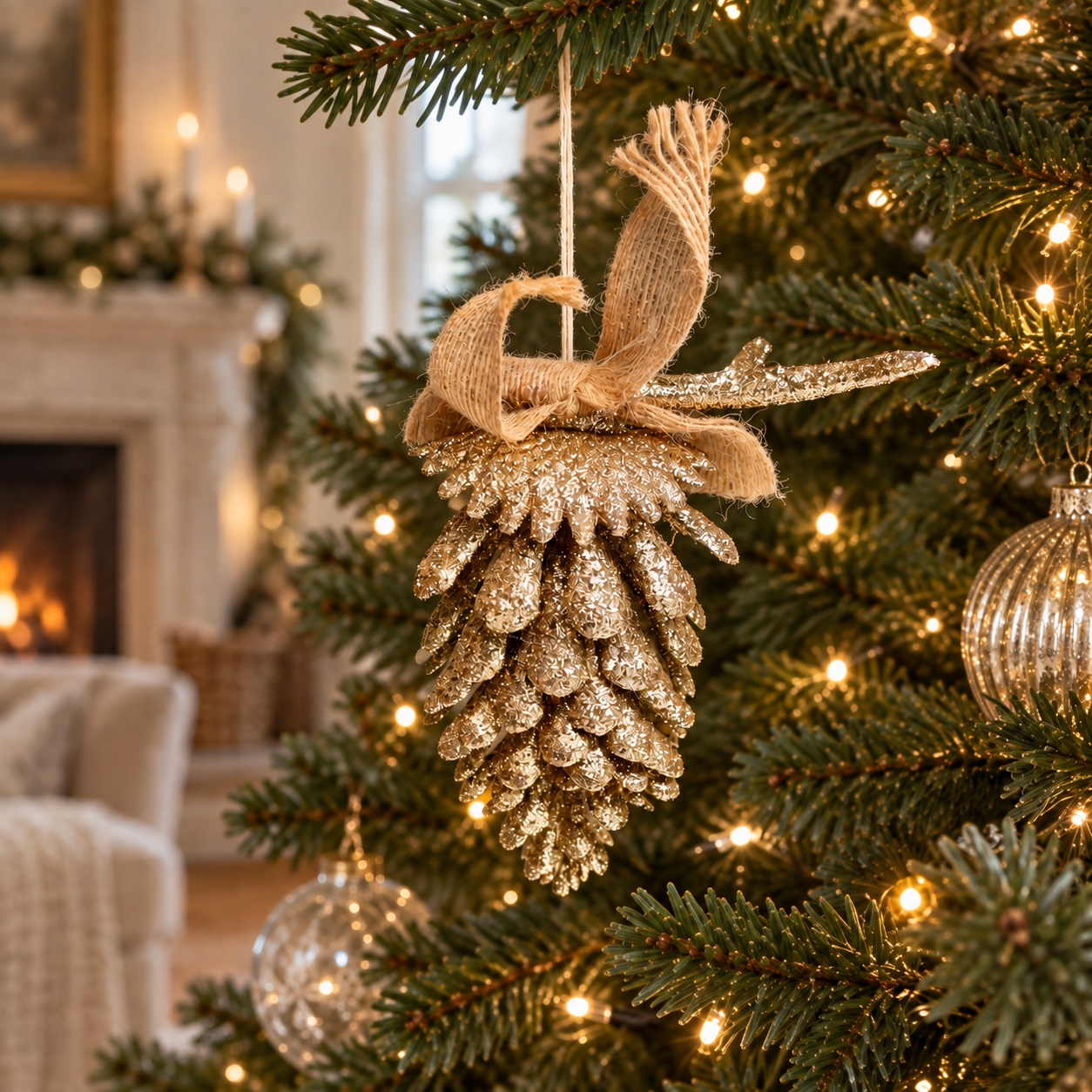 Glittered Pinecone, Antler & Jute Bow Decoration – 13cm