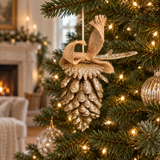 Glittered Pinecone, Antler & Jute Bow Decoration – 13cm