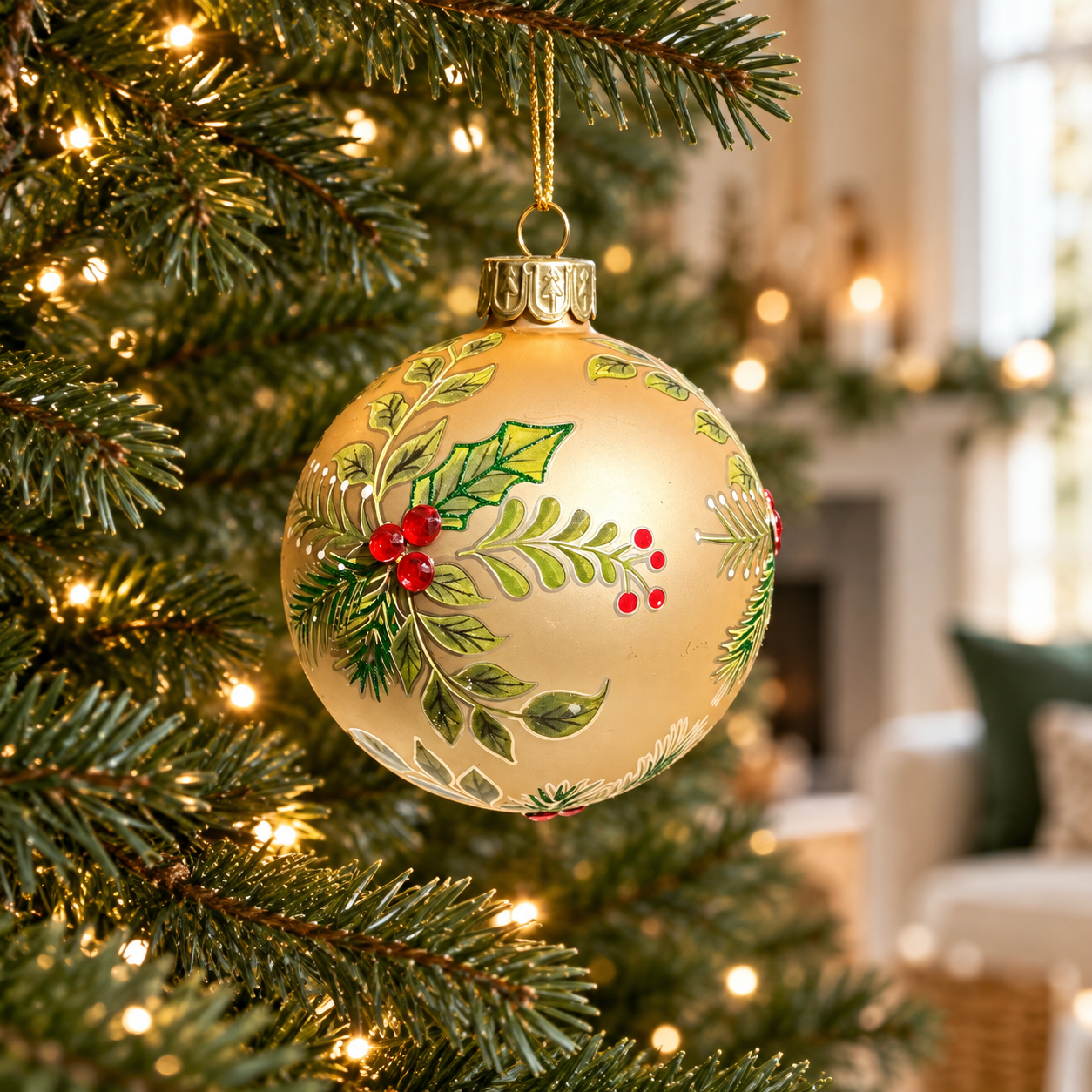 Gold Botanical Glass Christmas Bauble – Two Sizes