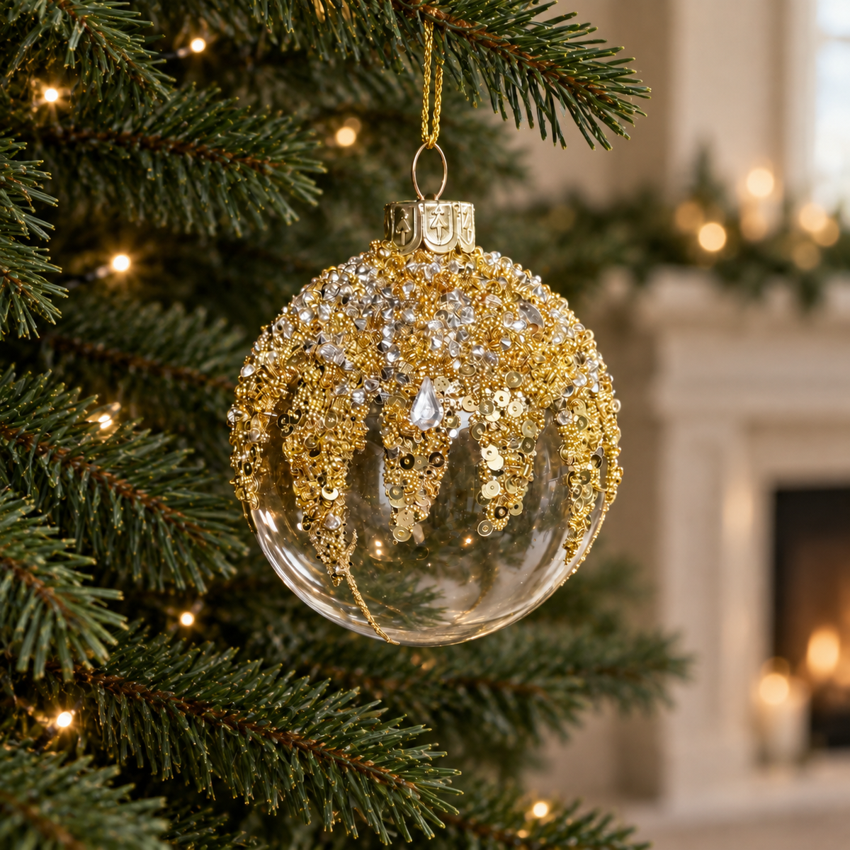 Gold Sequin & Crystal Glass Christmas Bauble – 8cm