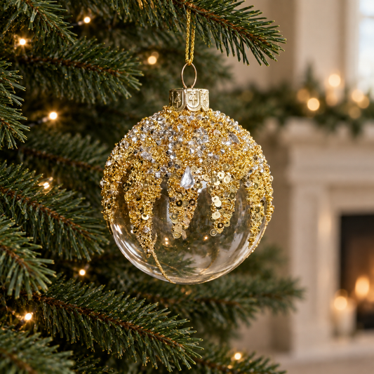 Gold Sequin & Crystal Glass Christmas Bauble – 8cm