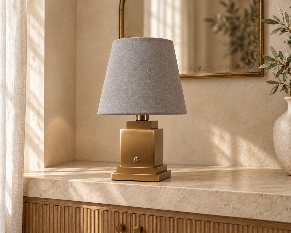 Beaumont brushed gold rechargeable lamp with grey cotton shade
