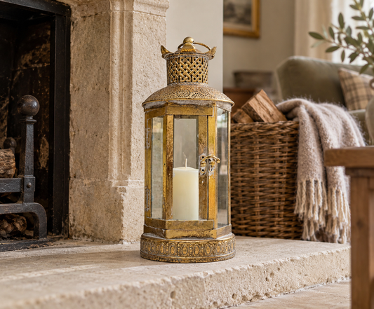 Alnwick Ornate Antique Gold Glass & Metal Candle Lantern – 40cm