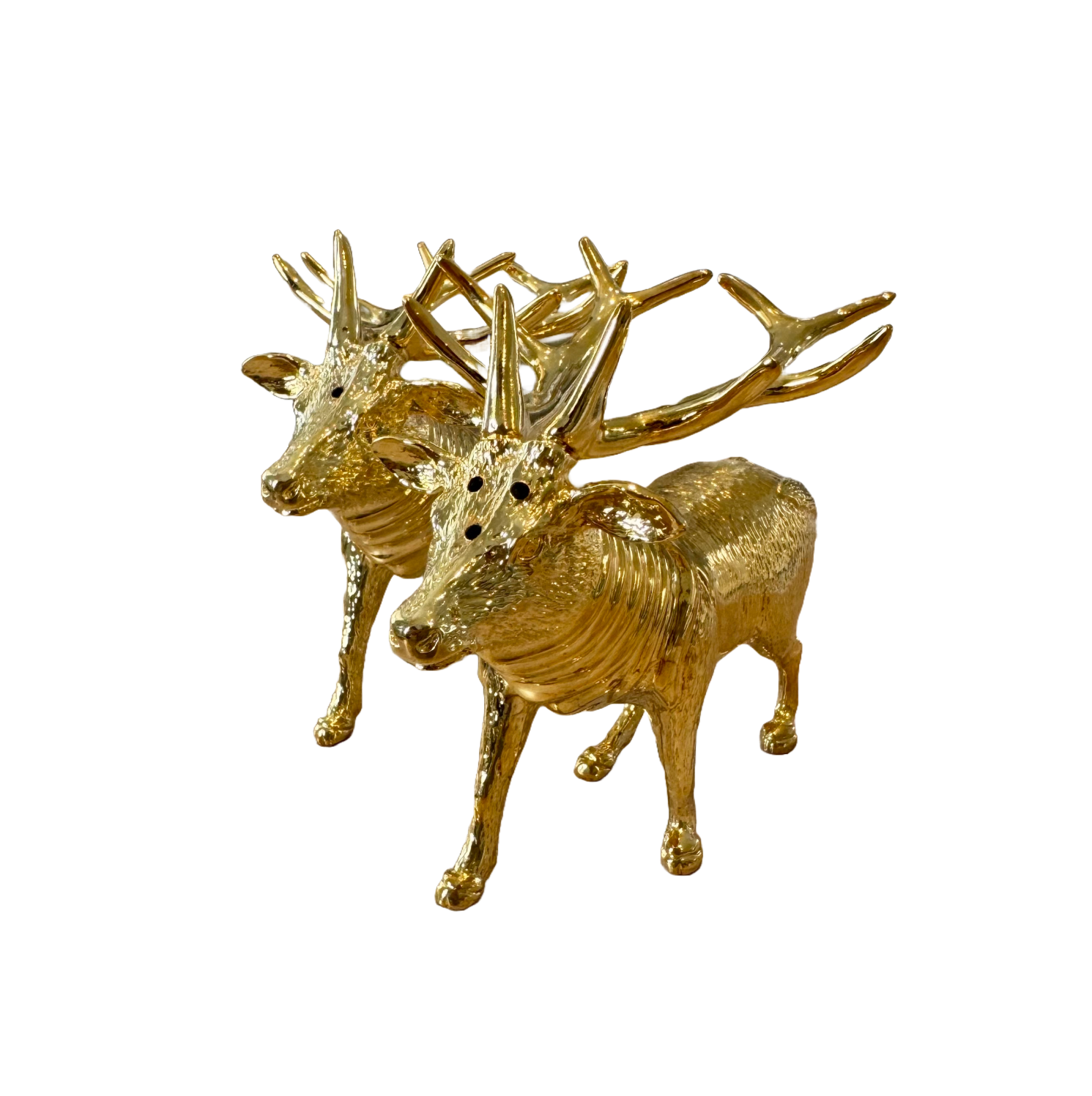 Gold plated stag salt and pepper shaker set in pewter