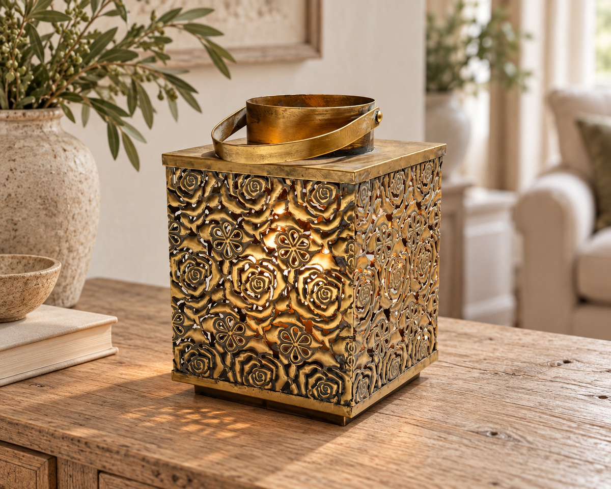 Antique Gold Square Metal Lantern 27cm