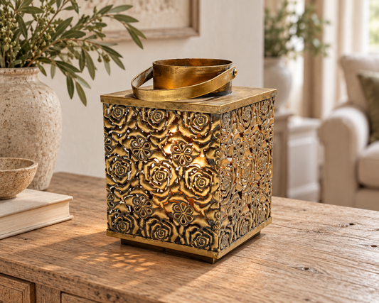 Antique Gold Square Metal Lantern 27cm