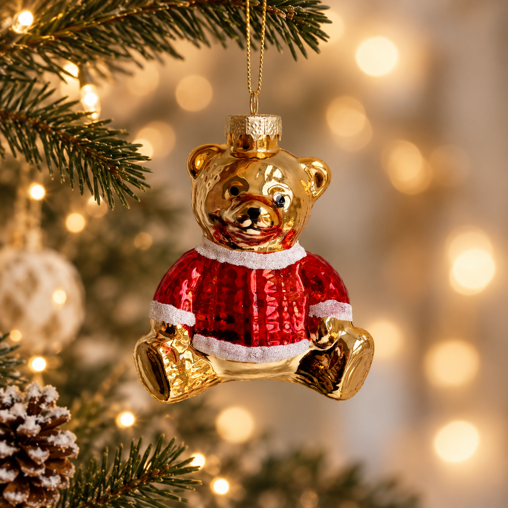 Gold & Red Glass Teddy Bear Christmas Bauble – 10cm