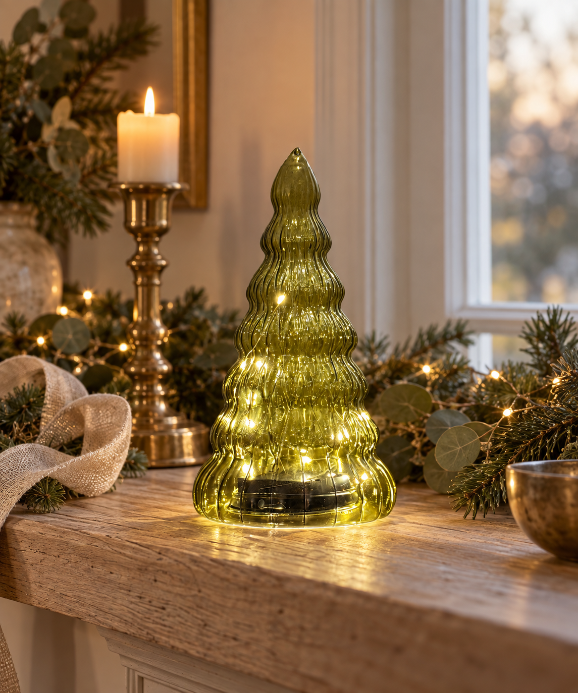 Green Glass LED Christmas Tree with Timer, 22cm