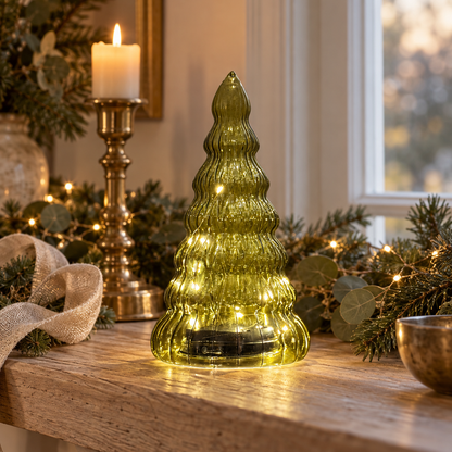 Green Glass LED Christmas Tree with Timer, 22cm