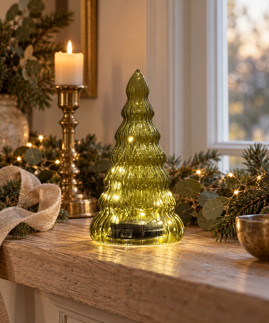 Green Glass LED Christmas Tree with Timer, 22cm