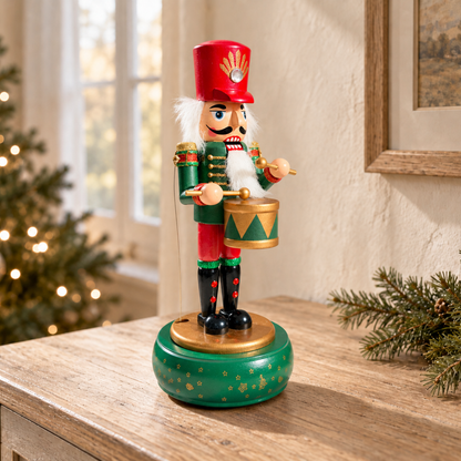 Musical Wooden Nutcracker Drummer, Hand-Painted Christmas Decoration, Blue Green or Red, 30cm