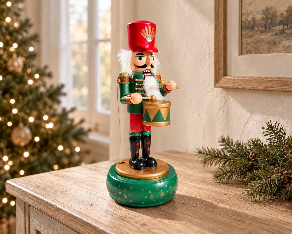 Musical Wooden Nutcracker Drummer, Hand-Painted Christmas Decoration, Blue Green or Red, 30cm